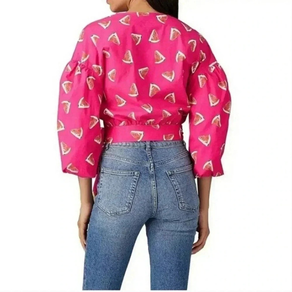 Color Me Courtney x RTR Watermelon Wrap Top S Puff Sleeve Pink Fruit Print - Picture 3 of 13